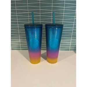 Starbucks Gradient Ombre Blue Pink Yellow Studded Tumbler With Straw 24 Oz Cup